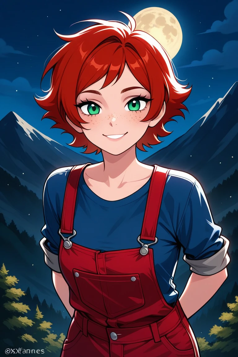 (Masterpiece), Best Quality, ultra-detailed, 1girl (Gwendolyn_Tennyson, beautiful face, breasts, orange hair, short hair, green eyes, half-closed eyes), detailed face,a face in love, smile, parted lips, nose blush, blush , facing viewer, looking at viewer, solo, pink pajama, forest, night time, dark lighting, in the mountain cabin, standing, sexy waist teasing, come-on, cowboy shots