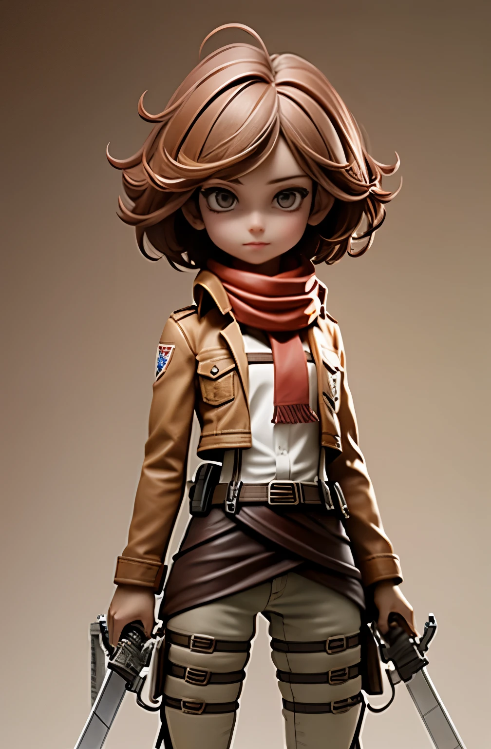 (best quality), (masterpiece),masterpiece, best quality, high resolution, short hair, Dark Eyes, scarf, emblem, belt, thigh straps, red scarf, white pants, brown jacket, long sleeve, has a weapon, sword, two sword style, Three-dimensional mobile device, Satu Pose, null,