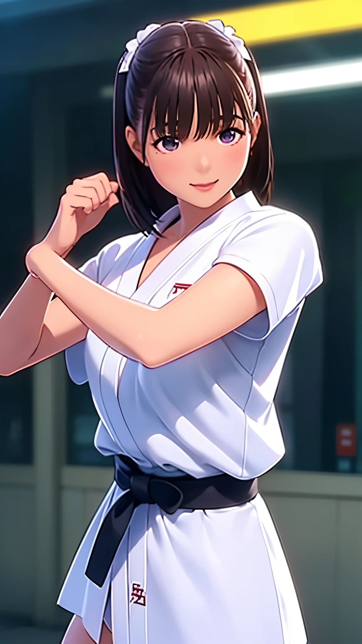 forehead protector, konohagakure symbol, ytenten, brown eyes, brown hair, short hair, double bun, glasses, tie, necktie, black necktie, office lady, shirt, collared shirt, white shirt, formal shirt, sleeveless shirt, sleeveless, bare shoulders, bare arms, 1girl, solo, anime screencap, frontlighting, (simple background, black background, dark background:1.3), masterpiece, absurdres, hdr, soft light, best quality, detailed, highres, shiny skin, shiny hair, (looking at viewer, eye contact with viewer:1.3), (smile:1.2), closed mouth, (smug:0.8), light blush, arm up, raised arm, armpit, score_9, score_8_up, score_7_up, from side, from below