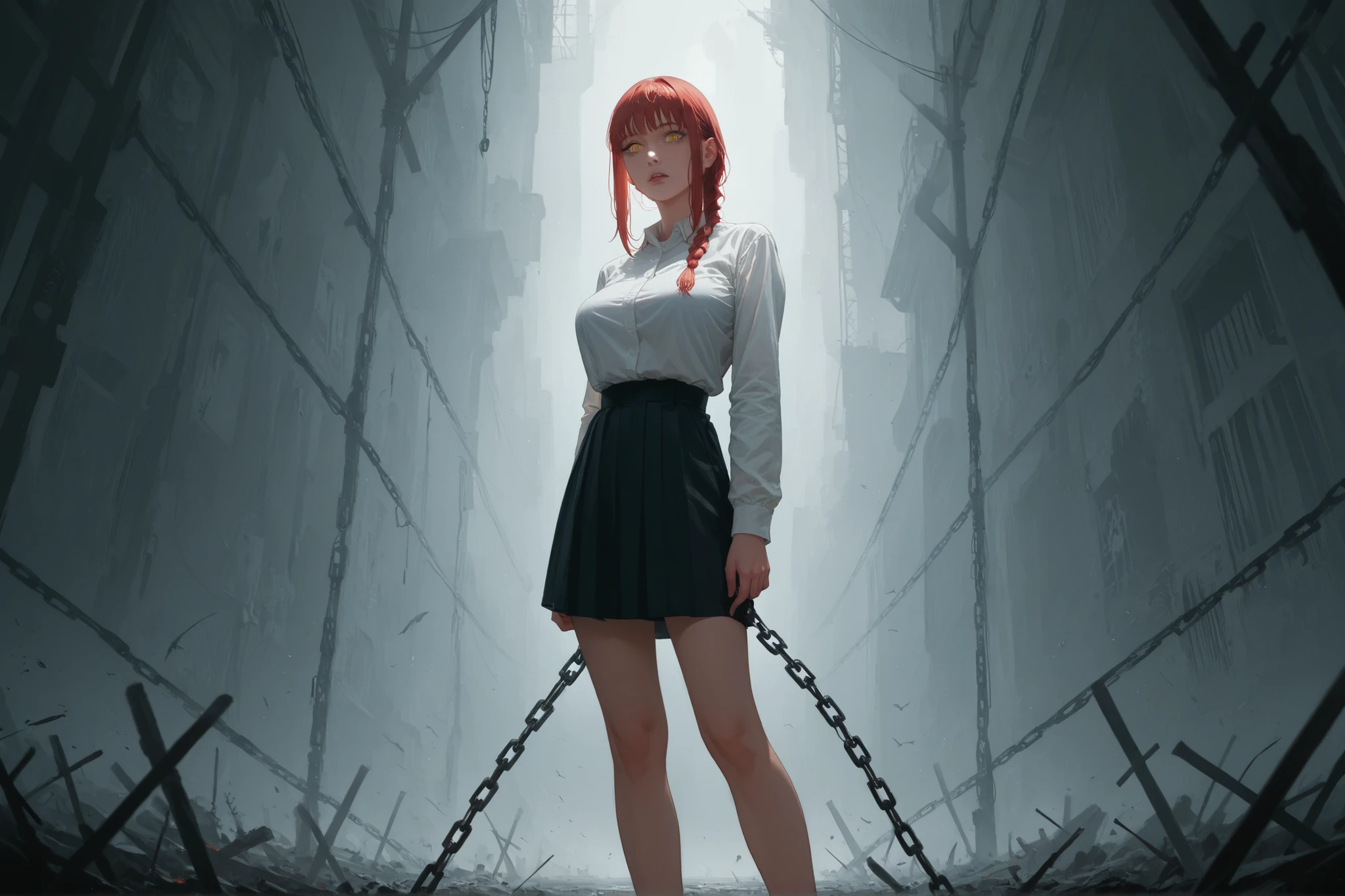 score_9 , score_8_up , score_7_up , score_6_up , 1girl . greyscale , adult woman , large breast , thicc thighs , long legs , Makima , chainsaw man , red hair with single braid , yellow eyess , manga style , anime aesthetic , expressive faces , bold outlines , detailed background , dynamic pose , seinen style , cross hatching , high resolution , high quality , ultra detailed , super defined , sharp focus , crisp lines , ultra realistic , perfect lighting , perfect composition , perfect proportions , perfect perspective , perfect mood , shaded with crosshatching , crosshatching details , crosshatching technique