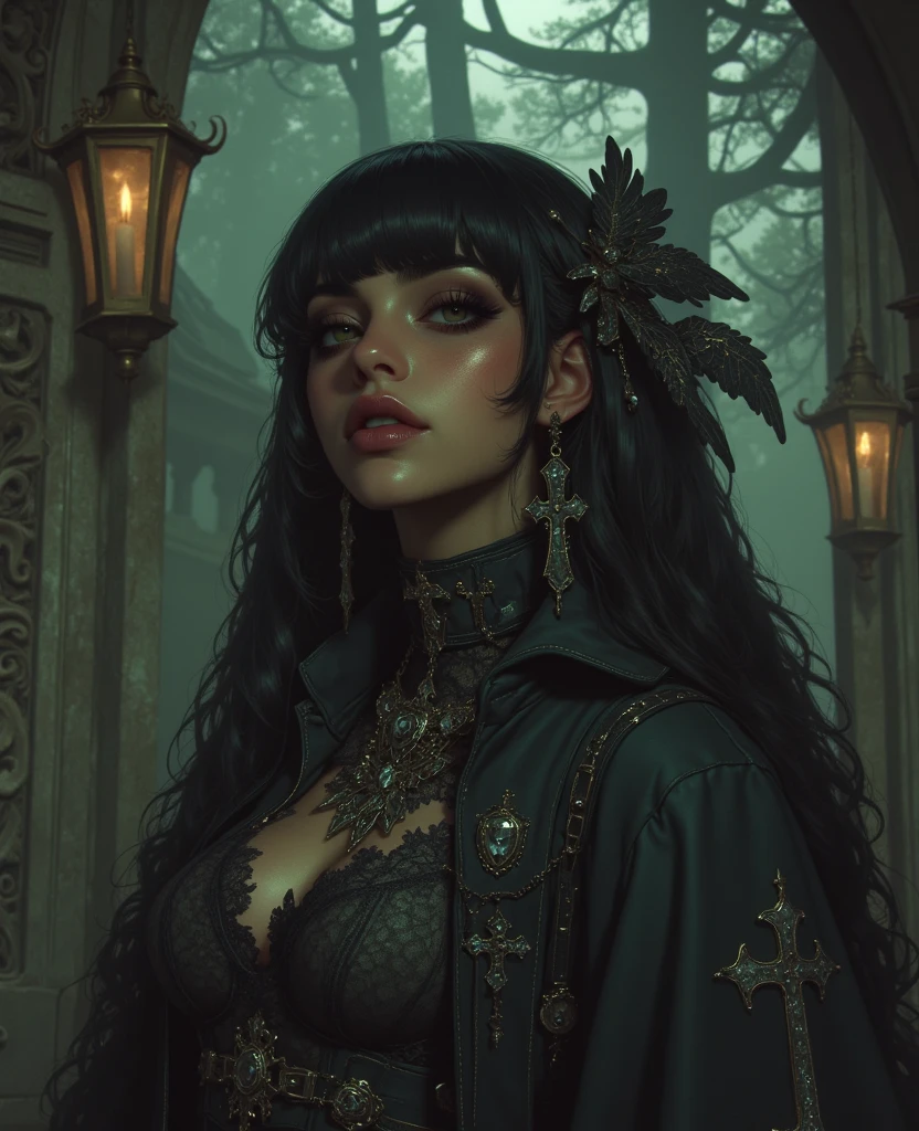1 close-up of a woman in a dress against a castle, gothic fantasy art, fantasy dark art, gothic fantasy, gothic, in style of dark fantasy art, gothic art, gothic maiden of darkness, detailed fantasy art, large bust, looking at us, 3 sitting sideways to us leaning, 2 squeezing dress, making heart with fingers, 1.5 chest covered