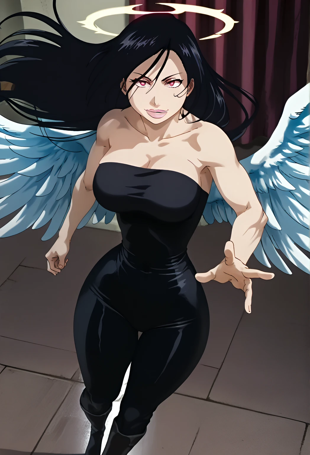 1980s anime screenshot, (morrigan), morrigan from darkstalkers, (head wings), green long hair, huge breasts, showing cleavage, (skindentation:1.3), dynamic shadows, best quality, absurdres