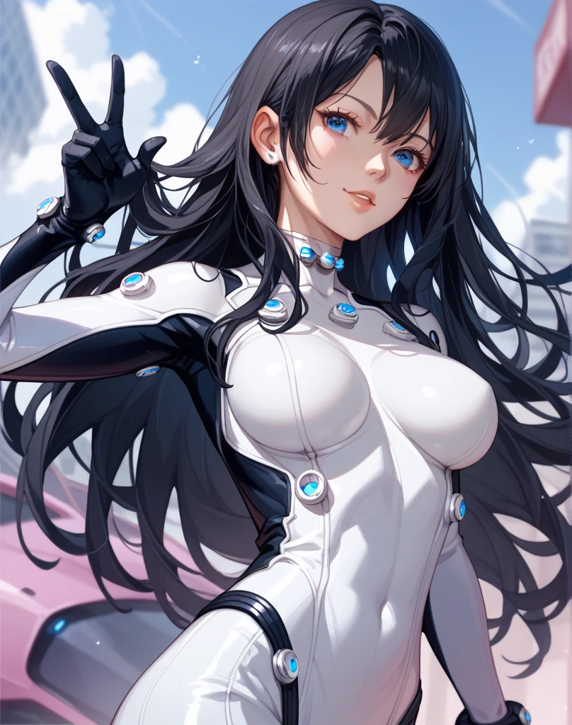 Straight black hair, Dark Skin, Latin, Purple Iris, Delicate eyes, Delicate face, A white bodysuit that shows off your body lines,Light, Voluptuous body,Realistic concept art with strong backLighting