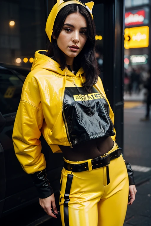 solo, deep ebony 1girl, black girl, beautiful face, {{ braided hair }}, black lips, a female character is wearing a yellow and black colored outfit with a backpack and a yellow hoodie jacket, black, yellow and white sports leisure, yellow goggles, clear lens,  green eyes, long hair, diamond earrings, cybernetically enhanced, medium breasts, she is standing in front of spaceships and satellites, starry night sky, pigeoncore, neo-dadaist, Asuka Langley, neon genesis EVA suit, mechanized precision, space crew member, she holds an important position, in crowd spectator at a tech conference in the style of mecha sci-fi anime, 8k, best quality, highres