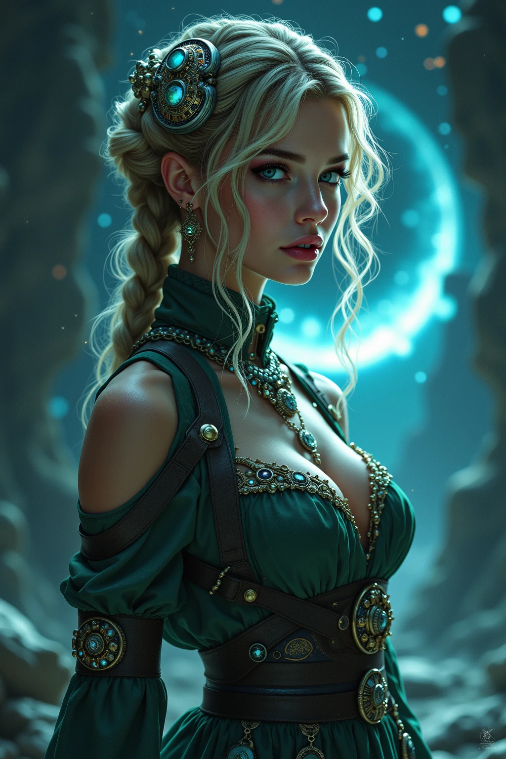 Tia mostra ter uma figura bastante esguia. Ela tem cabelo branco-acinzentado , ela tem cabelo curto e grandes olhos verdes claros, The nature of mystery and magic revolves around this image. Nas profundezas de uma das cavernas de cristal escuro, There is a girl with pale beauty and white skin that shines in the light of scattered crystals.  Hair reaches the waist, que cai elegantemente ao lado de seu rosto.  Its large eyes gaze into the darkness with a mysterious glow., e apesar de seu brilho que incendeia a caverna escura, shadows continue to surround her in an incomparable way, as if they were part of the secrets of the cave itself.  Her soft shadows sway with every step she takes in this mysterious habitat, as if she is embarking on an expedition to discover ancient secrets that may be hidden deep within this mythical place., decote exposto, seios grandes, qualidade superior, Muitos detalhes, Sharp and realistic Puri focus