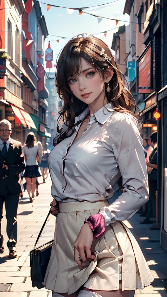 (((Practical photography))),, portrait, (naughty face:1.3),, beautiful girl, Looking at the audience, , (Uniforms:1.2), Button up your shirt and pants, , (Full cleavage:1),, in japanese street, (environment details:1.3),, (original photo, CG Unity, photography, ultra Practical details, Clear focus, Delicate skin,4K, High resolution, masterpiece, best quality, Practical, Energetic:1.2),, (8k,4K, Ultra HD, high resolution, professional, Movie, Movie, dramatic),, (Anamorphic depth of field blurred background), Detailed background,