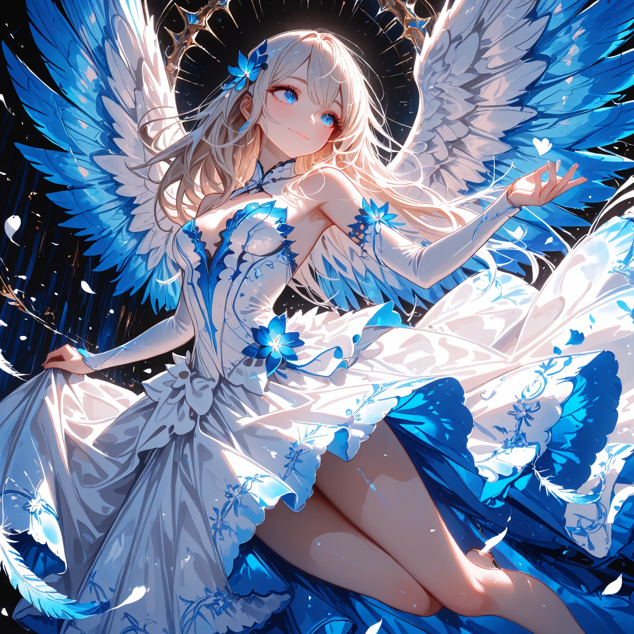Masterpiece, top quality, absurd, high resolution, cinematic composition, ultra detailed, high quality,Perfect anatomical structure , petals , fluttering feathers(1.3),(jumping),look far away, wearing a white silk long dress and blue embroidered flowers are beautiful、 A beautiful girl has a beautiful face and a kind smile, closed mouth.Thin lips,long hair ,The artistic concept of the digital art illustration , is a simple, abstract .  The proportions of the figures are delicate and realistic . Fine art oil painting digital style,detailed eyes, Beautiful Eyes,