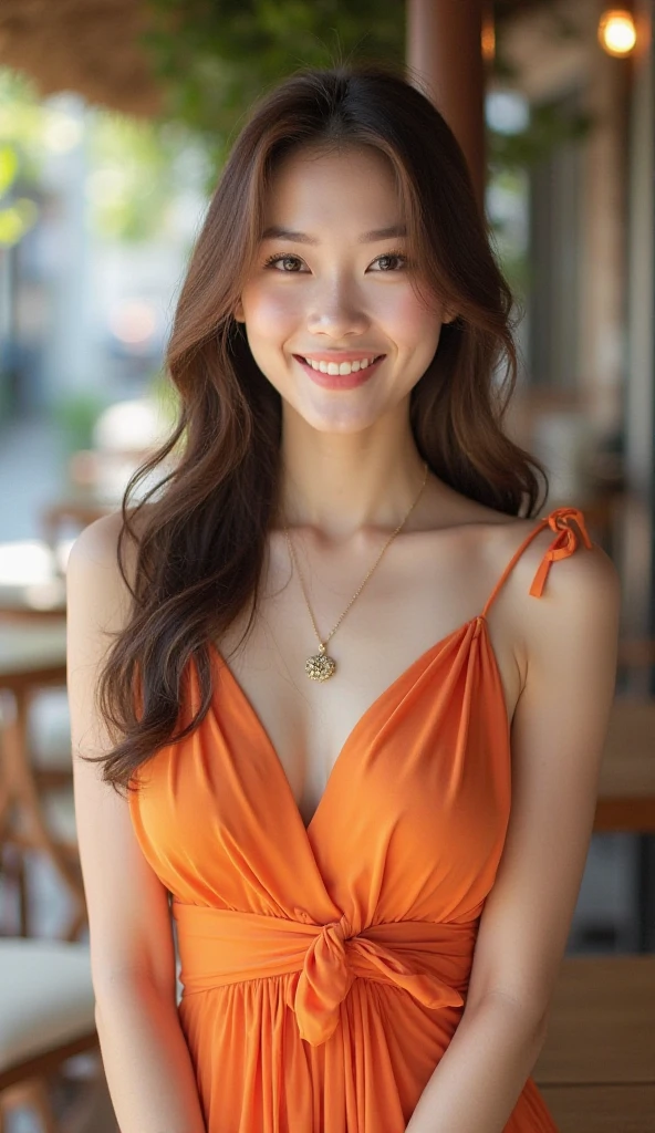 A smiling girl with ginger wavy hair, collarbone, looking at viewer, necklace, contemporary, plain pants, ponytail, freckles, dappled sunlight, happy, side boobs