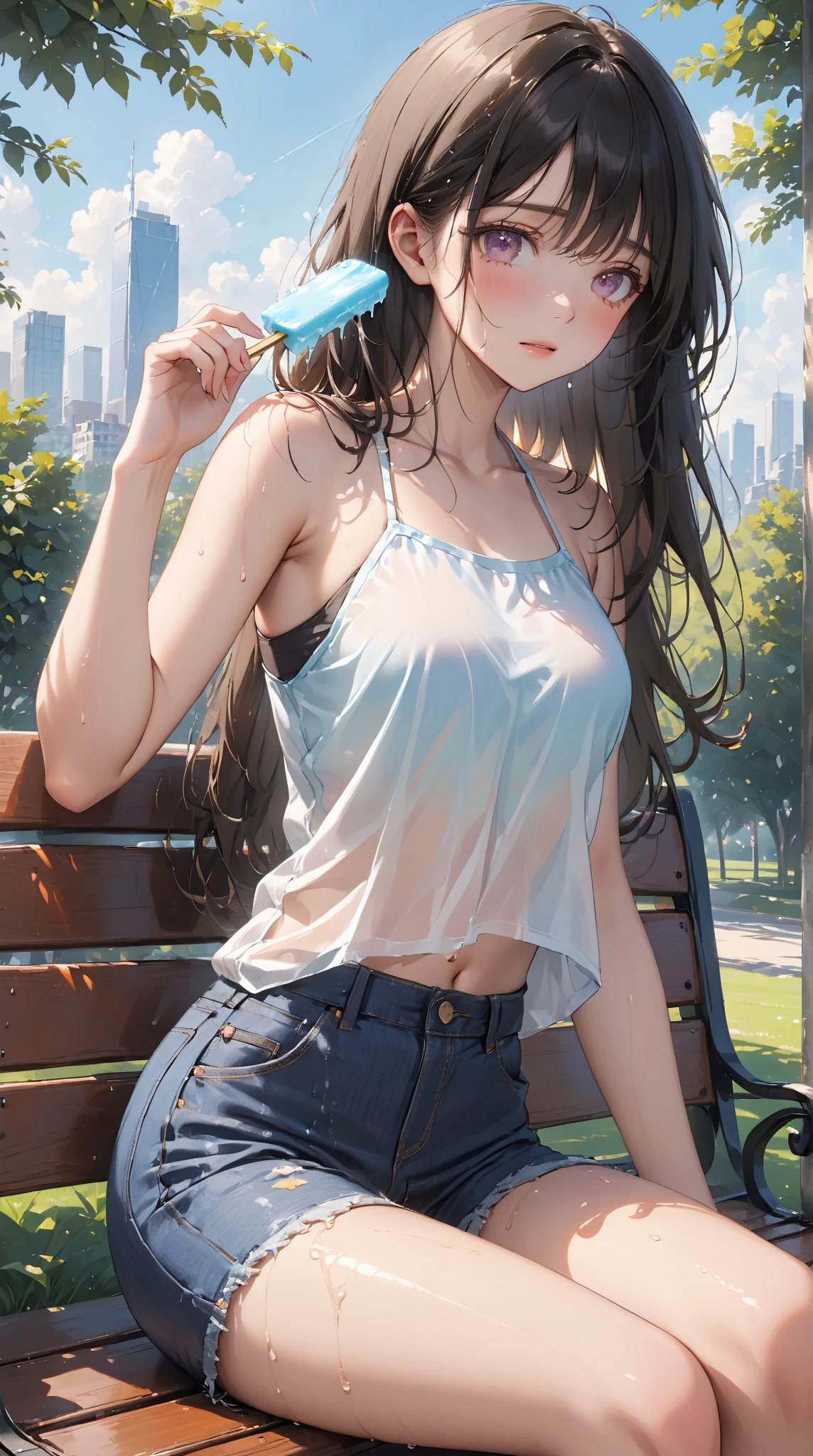 girl, sweat, medium breast, shy, detailed hand, looking at viewer, lips apart, dynamic shadows, transparent clothes, slight smile