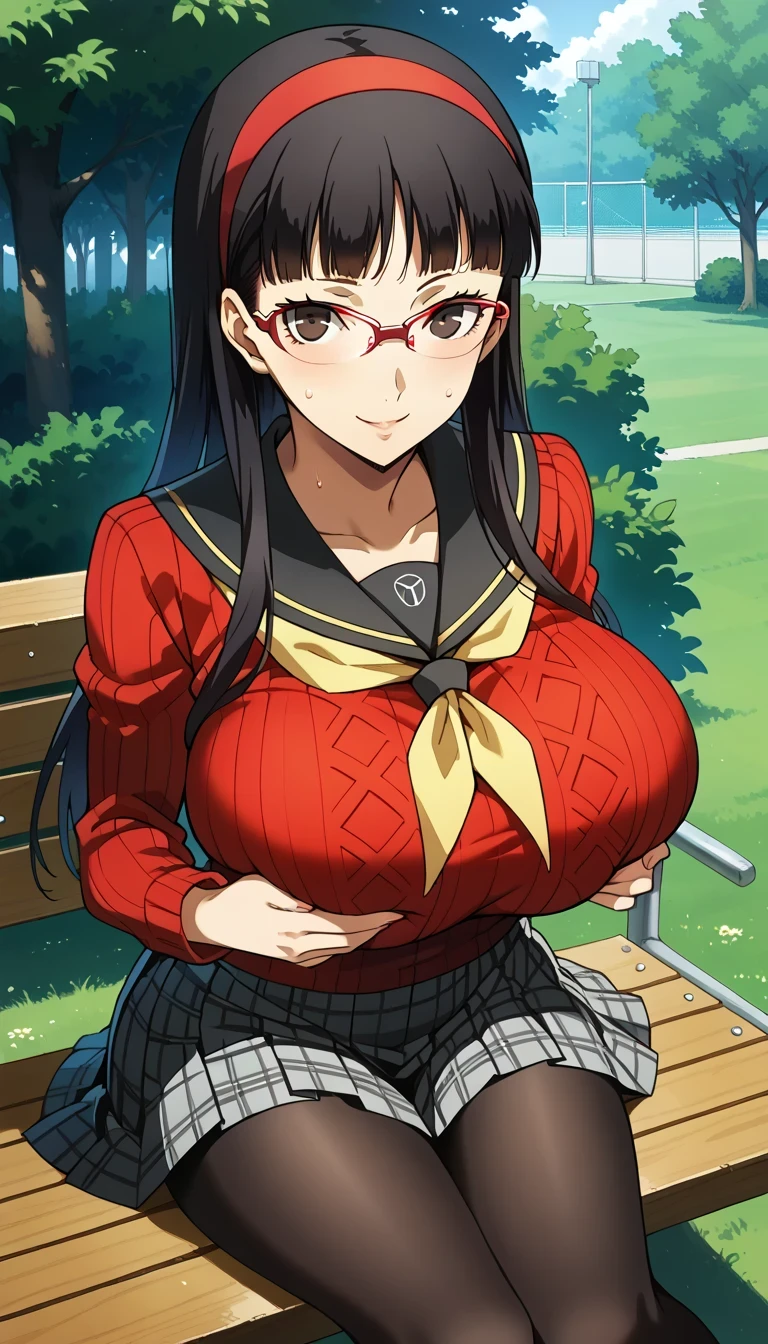 score_9, score_8_up, source_anime 1 girl, solo, cute face, p4yukiko, amagi yukiko, long hair, black hair, bangs, hairband, glasses, red-framed eyewear p4yukiko-winuni, yasogami school uniform, school uniform, sweater, red sweater, skirt, pleated skirt, houndstooth, pantyhose, black pantyhose, classroom, standing, looking at viewer, smile, cowboy shot, masterpiece, best quality, ultra detailed,gigantic breasts,show underboobs,bursting breasts outdoors, park, sitting, bench,confident smile, looking at viewer, masterpiece, best quality, ultra detailed,gigantic breasts,sweat, blush,((own breasts grab 1.5)),Selfie Top-Down Angle view