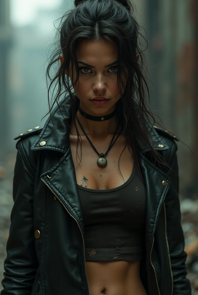 (22 ans, visage innocent, yeux bleus) Young beautiful Girl hiding in shattered industrial atmosphere,post apocalyptic ruined city, black tattered shirt, high detail, black colors,( cyberpunk), detailed eyes, hdr, 8k, ultra realistic, belly, (skulls on the ground), (small chest), black leather jacket, (beautiful detailed eyes), (detailedlight), ((intricate detail)), (highres), rubin-like dark red eyes, detailed background, ((illustration)), (((masterpiece))), ((best quality)), (High resolution) INFO ((futuristic gun))