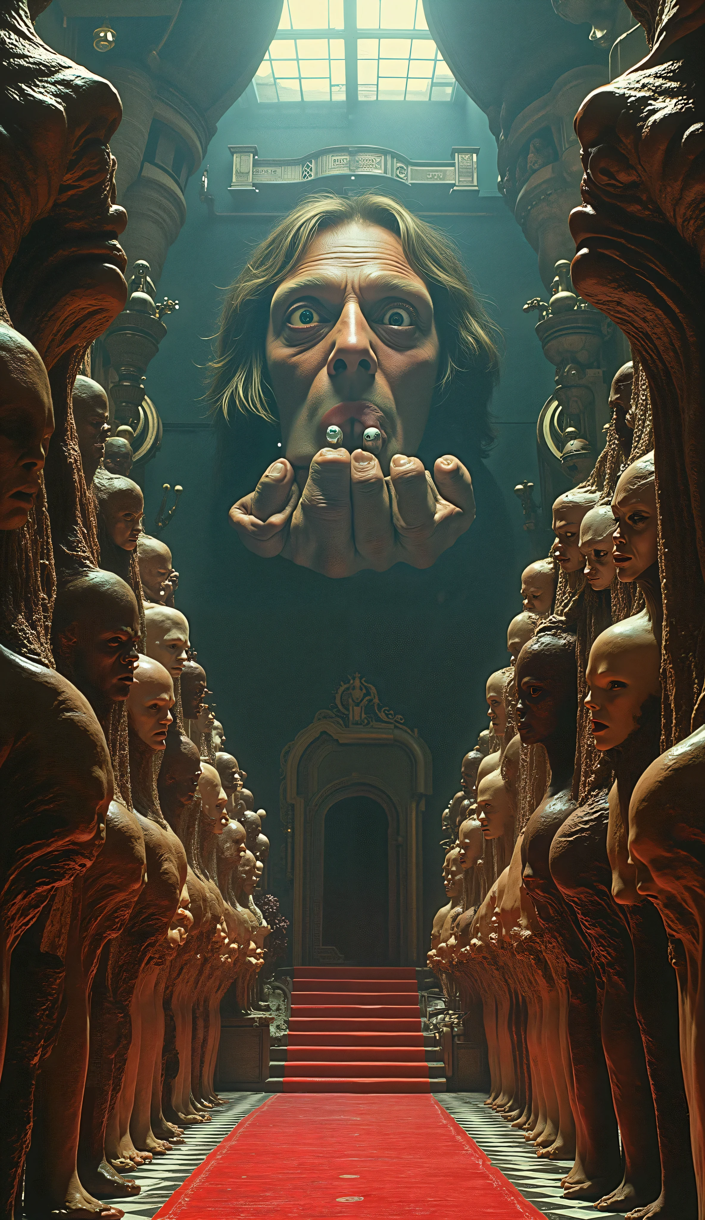 Surrealist Psicopop. Intriguing people in the Circus of Horrors. Clockwork Orange film. cinematic. 8K.