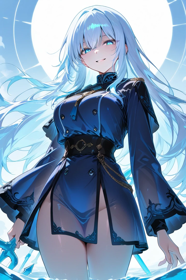 (masterpiece), best quality, seductive eyes, mature woman, blue eyes, long blue hair, long eyelashes, white shirt, black pants, peaked cap, big breast, anime cover, 1girl