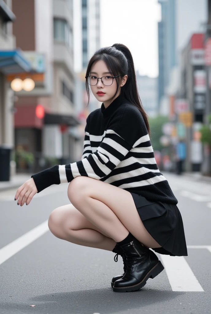 student clothes,beret,Big pink eyes,Black glasses frame,White over-the-knee boots,Gentle expression,2:3 finger photos,rainy wet,Wet with rain,Wet body shot,Cinematic feel