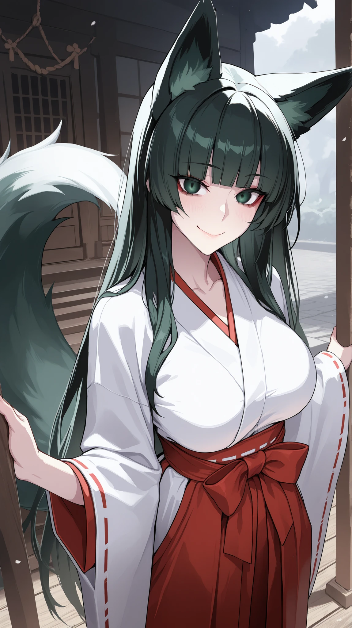 absurdres, (((Ultra HD))), (((Ultra High Quality))), ((hyper detailed)), ((Ultra High Resolution)), (Highly rendered), ((detailed eyes)), (((8K))), ((perfect face)), ((masterpiece)), cinematic, darkened, solo, 1girl, young, thin, Kitsune, fox tails, fox ears, dark green hair, long hair, blunt bangs, smile, dark green eyes, medium breasts, miko, shrine maiden, kimono, wide sleeves, red hakama