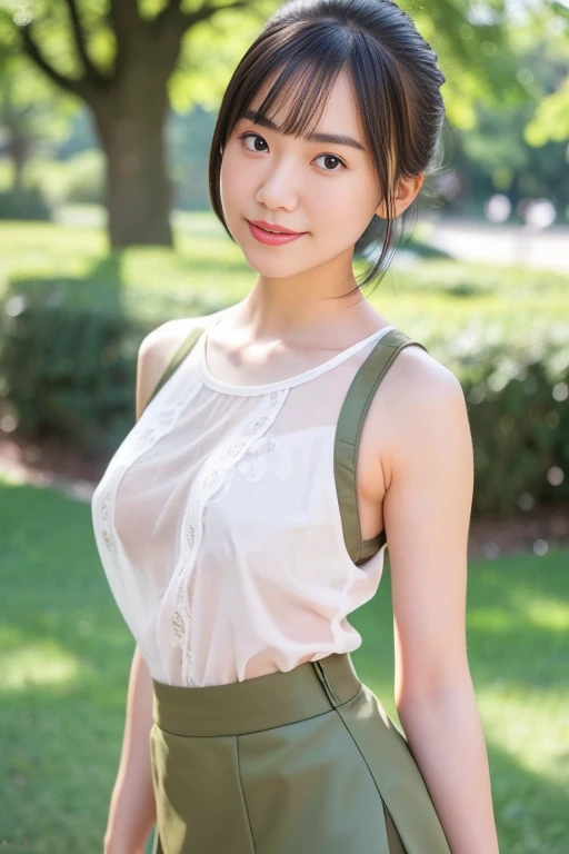 Portrait、8k、high quality、realistic photographic image、18-year-old、japanese woman、Reproduces natural and realistic eyes、japanese stand、beautiful black hair、bob cut hair、light makeup、Octane firm、beautiful lighting、composition of golden ratio、laughter、everyday wear、casual clothes、natural background、blurred background、high level emotion、Pure Japanese humanity、beautiful wife、Upper body、light makeup、No makeup、transparent beauty、plain clothes、green、Plain color、casual clothes、slight smile、small black eyes、background bokeh