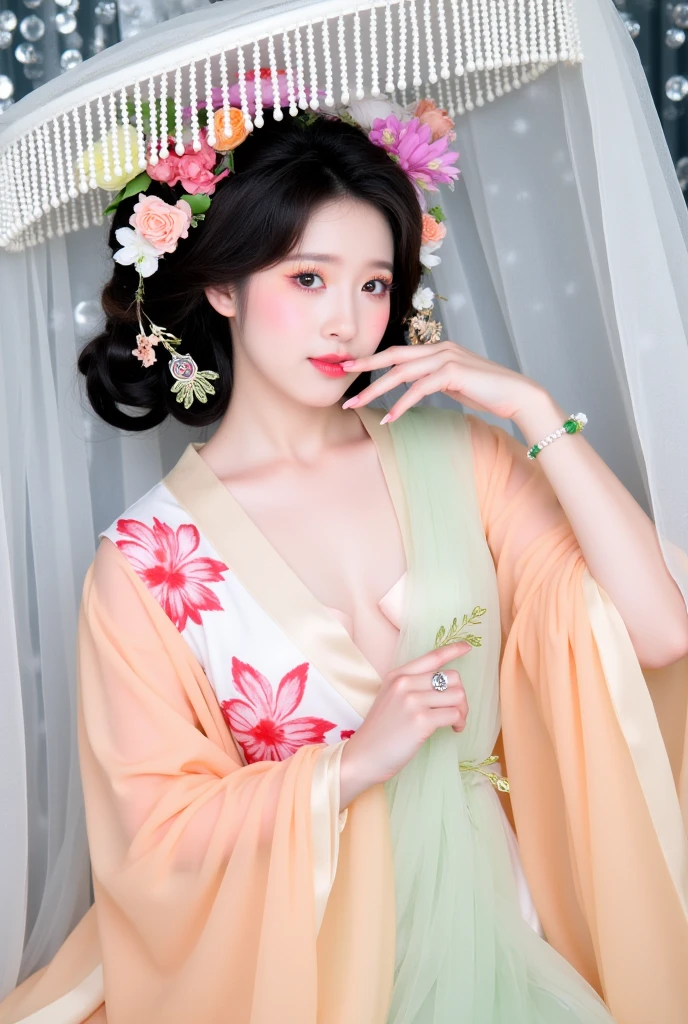 Blue sky and white clouds，Yunshan is far away、tower and many people，pink flowers，Cherry tree，hanfu woman,Phoenix Crown Tiara、Detailed embroidery、Wear hanfu pantyhose、hanfu、Wearing long-sleeved hanfu、Transparent and clearly visible、Look and、Bare oversized breasts、raw,(8K、top quality、masterpiece:1.8)、(复杂的detail:1.8)、(realism:1.8)、Octane number renderings、具有超detail的复杂 3D 渲染, Studio soft light, rim light, Vibrant details, Super detailed, Realistic skin texture, detail, beautiful eyes, Very detailed CG Unity 16k wallpaper, cosmetics, (Detailed background:2.0), clear fingers，beautiful fingers，glowing skin、spread your legs，Camel toe showing thigh!!!、