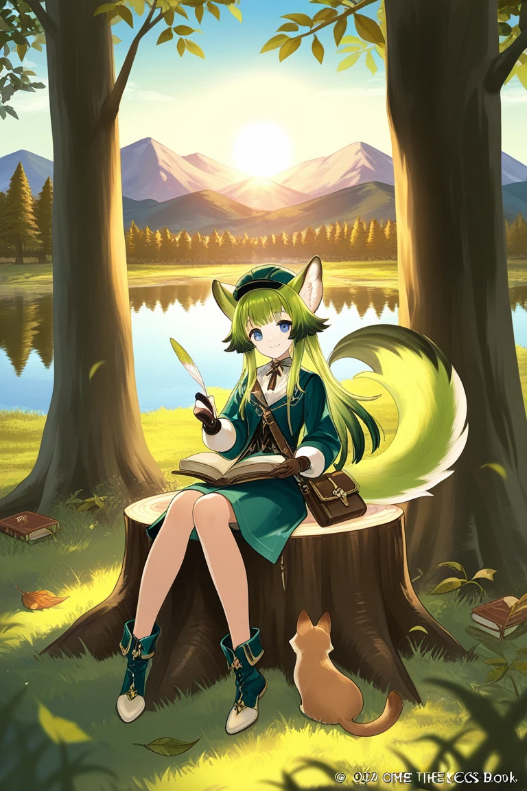 Masterpiece, Best quality,, 1girll, Sitting, Animal, Animal ears, Bird, black_Hair, book, bookmark, branch, mitts, Grass, Green hair, Holding, holding book, Hood, Hood down, leafs, view the viewer, multicolored hair, Open_book, Partially fingerless gloves, pen, plant, pouch, quill, Reading, Sitting, Smile, Solo, Tail, tree, stump,, sky, Sun, Mountain, forest, Lake