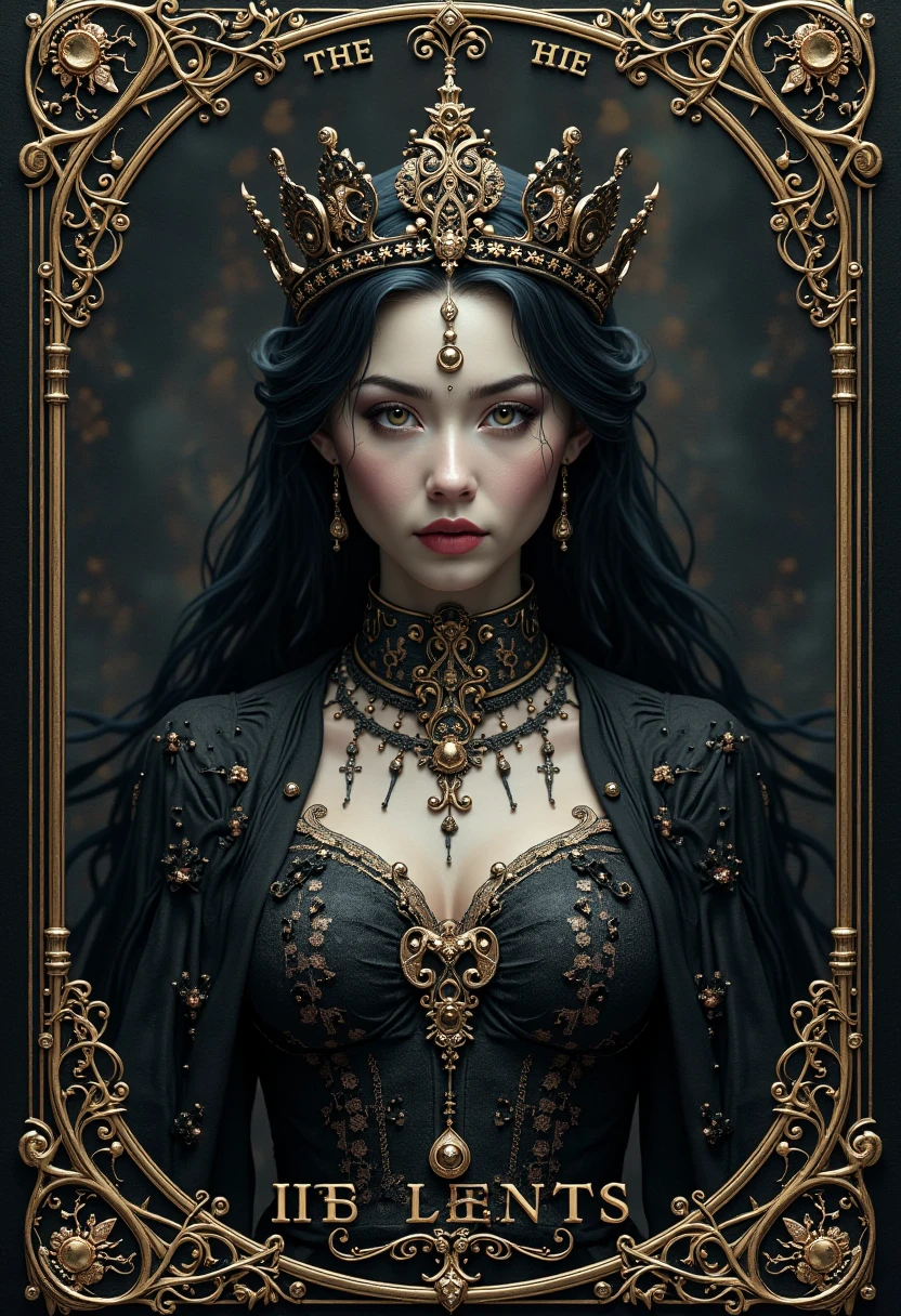 best quality, (masterpiece:1.2), illustration, absurdres, (1girl, solo), (beautiful detailed woman), ((upper body, portrait)),,8K, Dark_Fantasy, delicate face, (delicate glass pupil: 1.5), standing full body portrait, black in one eye, red in one eye, Queen Belial, in black longe dress, she have Golden crown and staff