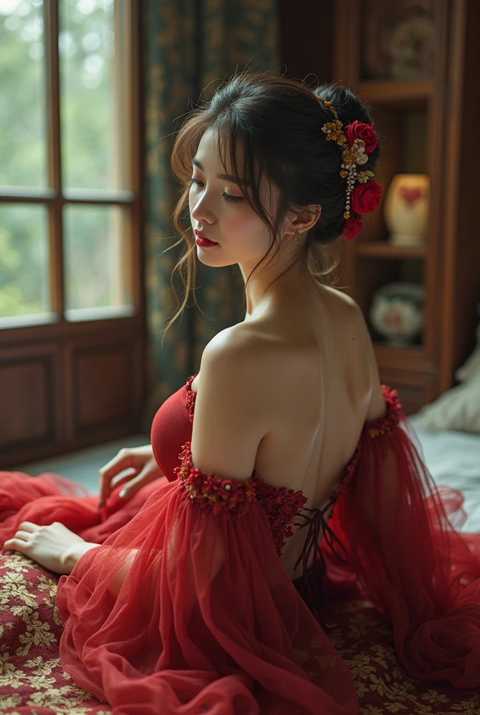 1girl,(bright lighting,romantic setting),dreamy background,,dark hair, mesmerizing gaze, , soft skin, alluring beauty, artistic portrait, high-quality image, vibrant colors,long red floral satin skirt, mosquito net, romantic bedroom, sidesuspension,solobound,veil,barefoot