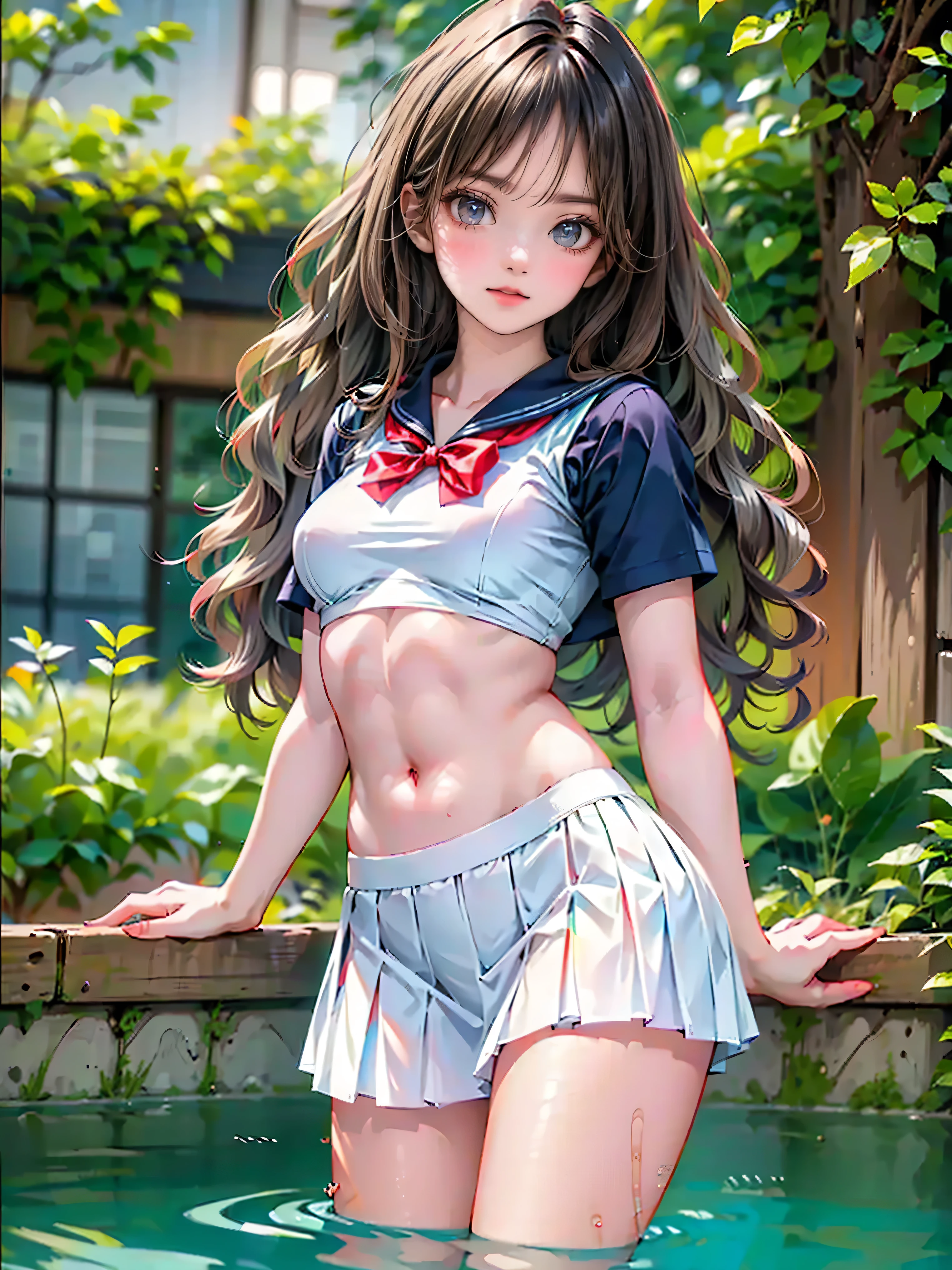(masterpiece: 1.2), (very beautiful: 1.3), (absurdres: 1.3), ((highest quality, highest resolution, 8K, stunning, ultra-realistic)), ((heterochromia, red eyes, blue eyes)), ((beautiful high school girl with heterochromia)), ((heterochromia, red eyes, blue eyes)), ((sparkling, detailed eyes)), ((crystal-like eyes)), ((anatomically accurate depiction)), ((detailed depiction of the number of fingers, even the fingertips)), (small breasts), ((translucent, white, smooth skin)), ((long, wavy hair that is a mixture of silver and purple)), lustrous Skin, Slender figure, Wearing sailor uniform, Wearing dark blue pleated skirt, Getting changed, Action pose, Oblique foreground, Excited expression, Smiling slightly, School outdoor pool, Summer day, Female student wearing dark blue lace briefs, (Part of uniform removed: 1.3), Blushed cheeks, (Muscular abdomen visible: 1.1), (Define leg muscles: 1.1), Detailed facial features, (Anticipation: 1.2), (Pool edge visible: 1.2), Bright natural light, (Highest quality: 1.3), (Very detailed: 1.3), (Clear: 1.5)
