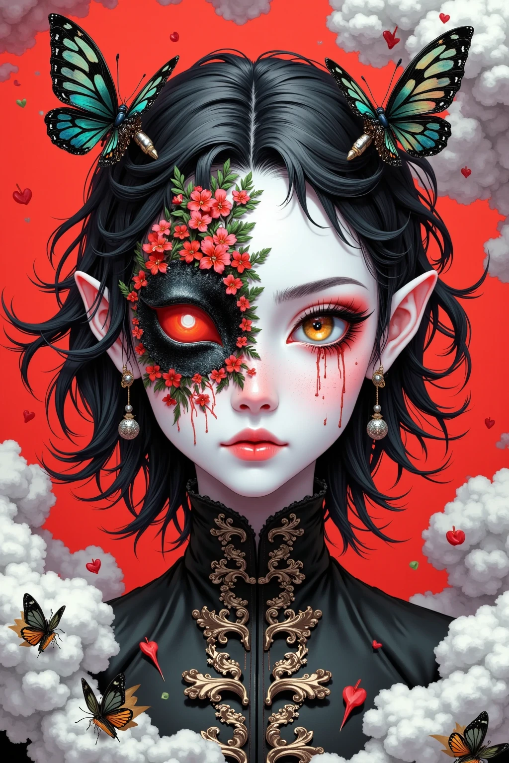 high resolution, high quality , masterpiece .Surrealist ink painting,Colorful, Elements of absurdity and depravity,Ross Chen (ross tran) style of,以燃烧的纸币For reference,Robbie Dewi Antono (Roby Dwi Antono) For reference, ,Moth,Target, mistake, Ghostly Entity Rises Into Neo-Traditional Ink-Dripping Sky, The chiaroscuro lighting enhances the symbolism of death,pill, A moon adorned with eyes that exude breath,Atmosphere. Dark horror style, Disturbing, Crazy Art Conspiracy,inauspicious.