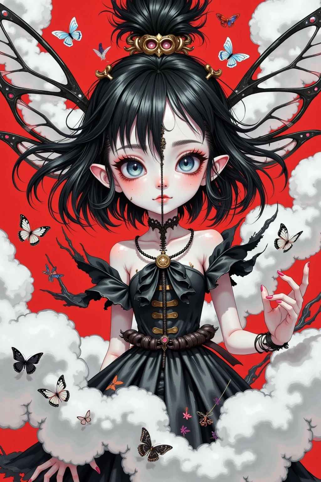 MYchaos,MYchaos,a digital anime-style illustration,A surreal illustration featuring a split face with one side appearing to be human and the other resembling an insect, set against a backdrop of swirling smoke or clouds. The artwork is rich in detail and symbolism, with the human side showcasing realistic skin texture and the insect side featuring intricate exoskeleton patterns. The face is rendered in black ink on red paper, with the white space around it suggesting depth and movement around the central figure. Subtle elements like butterflies at both ends of the piece add complexity without overwhelming the composition. The intricate details of the wings and bodies of the butterflies enhance the ethereal and dreamlike quality of the artwork. The overall composition evokes themes of duality, transformation, and the interplay between nature and technology, inviting multiple interpretations.