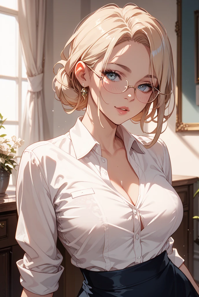 portrait, realistic, elegant mature woman, blue eyes, black pink hair, swept-side bang, 4k resolution, high quality cg, beautiful cg, soft light