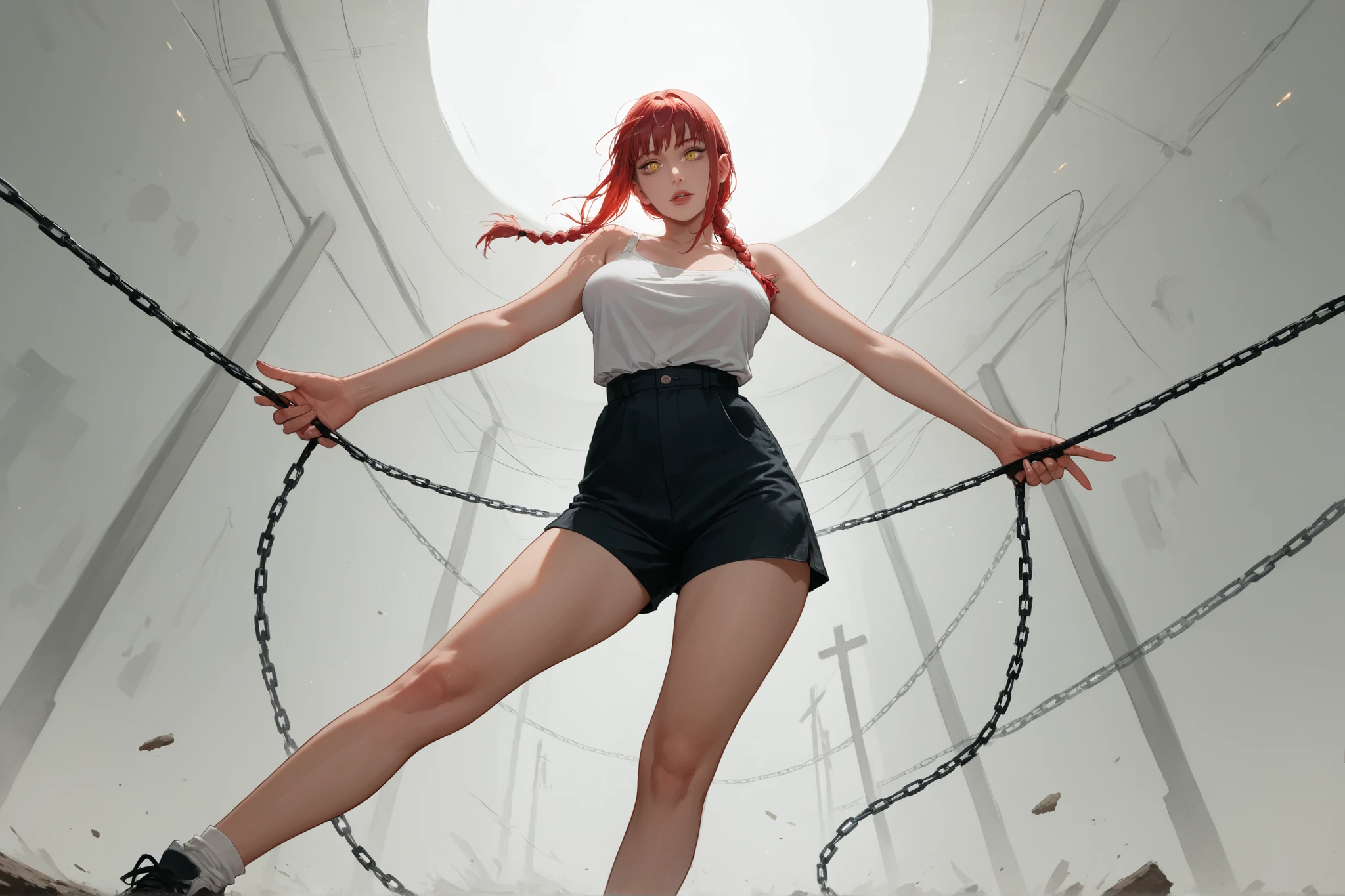 score_9 , score_8_up , score_7_up , score_6_up , 1girl . greyscale , adult woman , large breast , thicc thighs , pubic hair, long legs , Makima , chainsaw man , red hair with single braid , yellow eyess , manga style , anime aesthetic , expressive faces , bold outlines , detailed background , dynamic pose , seinen style , cross hatching , high resolution , high quality , ultra detailed , super defined , sharp focus , crisp lines , ultra realistic , perfect lighting , perfect composition , perfect proportions , perfect perspective , perfect mood , shaded with crosshatching , crosshatching details , crosshatching technique