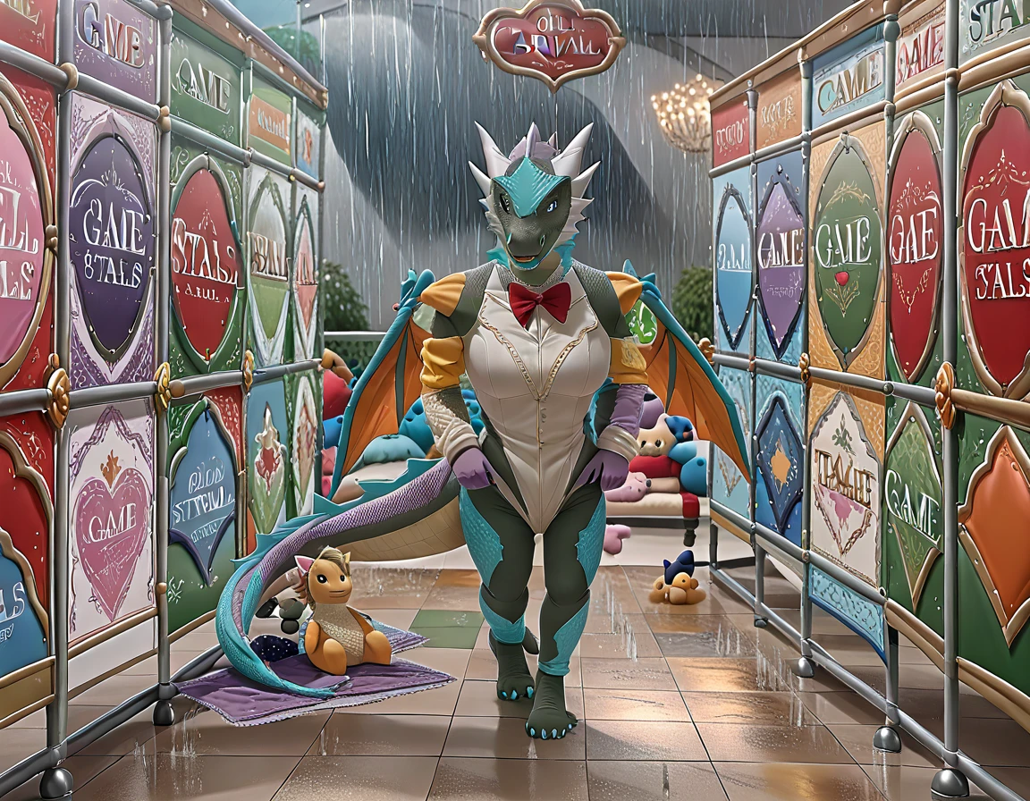 Ultra high resolution, beautiful, masterpiece, (photorealistic:2), (oblivious woman in the process of transforming and shrinking into a rain-soaked fabric dragon plushie at a carnival while walking among the carnival game stalls:2), (human plushie dragon toy hybrid:1.8), rainstorm, 