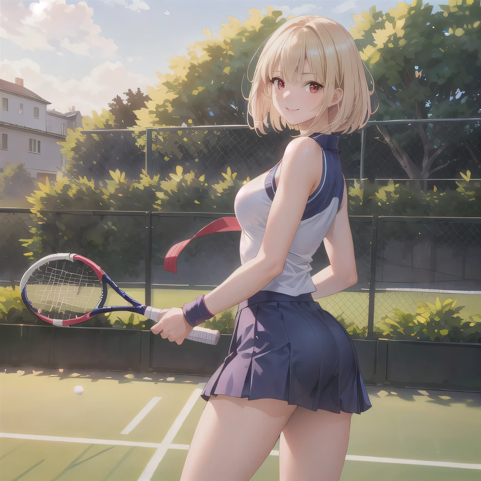 Maisie Williams, masterpiece quality, realistic, lots of detail, 1girl, solo, alone, (alone:1.9), beautiful sunny day, beautiful clouds in sky, on a tennis court, wearing a tennis uniform, wearing cop top, midriff, wearing short pleated skirt, small breasts, (small breasts:1.3), thin body, (thin:1.3), sexy pose, seductive face, 