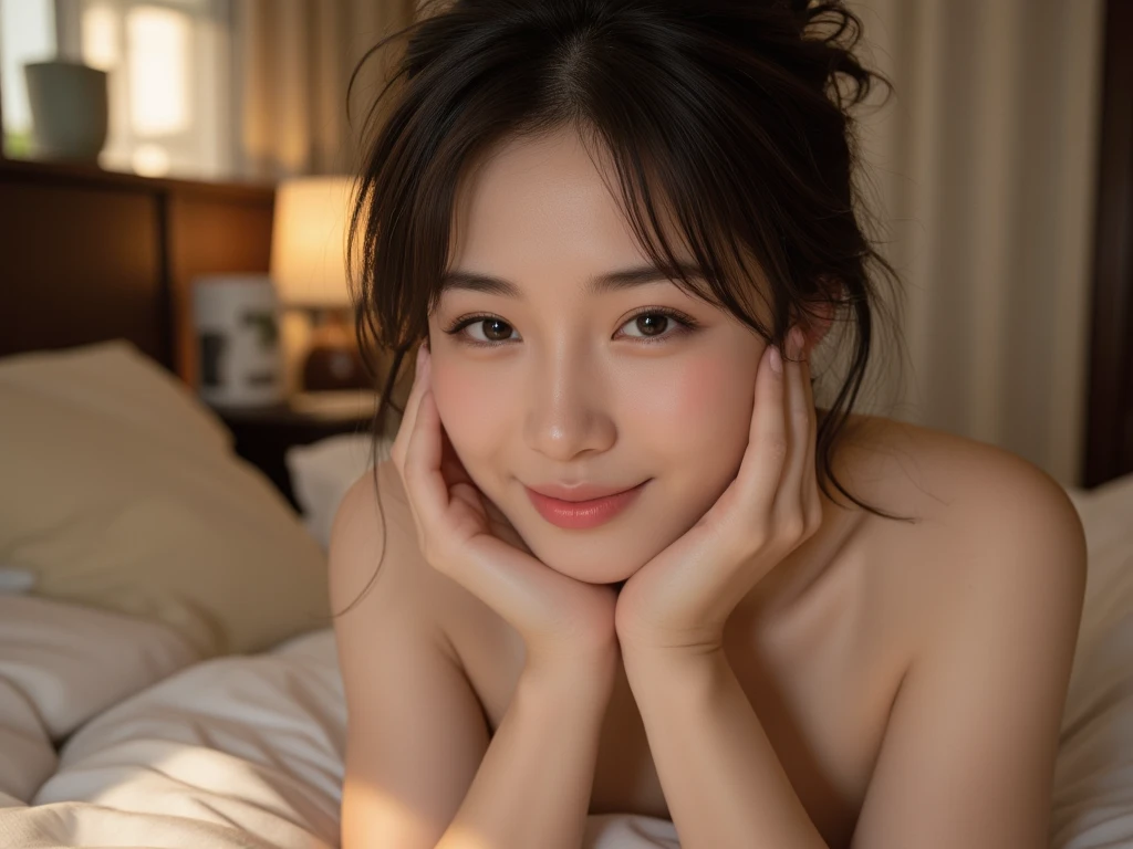 (8k, RAW photo, best quality, masterpiece, extremely detailed:1.2),(realistic, photo-realistic:1.4), soft light, (extremely close up, selfie:1.3),

1 Japanese girl, detailed brown eyes,(detailed dark hair:1.2), 22 years old, beautiful face, detailed skin, skin texture, looking at viewer, seductive smile, closed mouth, perfect anatomy, sexy pose, naked, provocative,

(lying on bed, white sheets:1.3), pillow