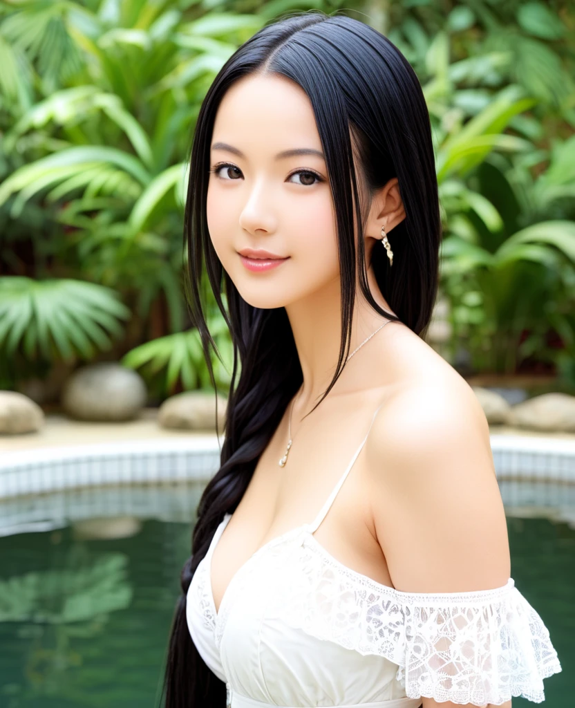fashion model 18 years old， [[[[close up]]]], [[[[Rapeseed]]]], [[[[Shoulder]]]], perfect eyes, perfect iris，perfect lips，perfect teeth，perfect skin，White skin，high dynamic range，girl，(delicate face)，(Highly clear face)))，(((white bikini)))，(((big breasts)))，(((pool in background)))，((A smile of excitement and satisfaction on his face))，((charming expression))，((looking at the audience))，((面部的close up))，((Half body photo))，4K Ultra HD, ultra high resolution, (realistically: 1.4), best quality，masterpiece，（pastel colors：1.2)