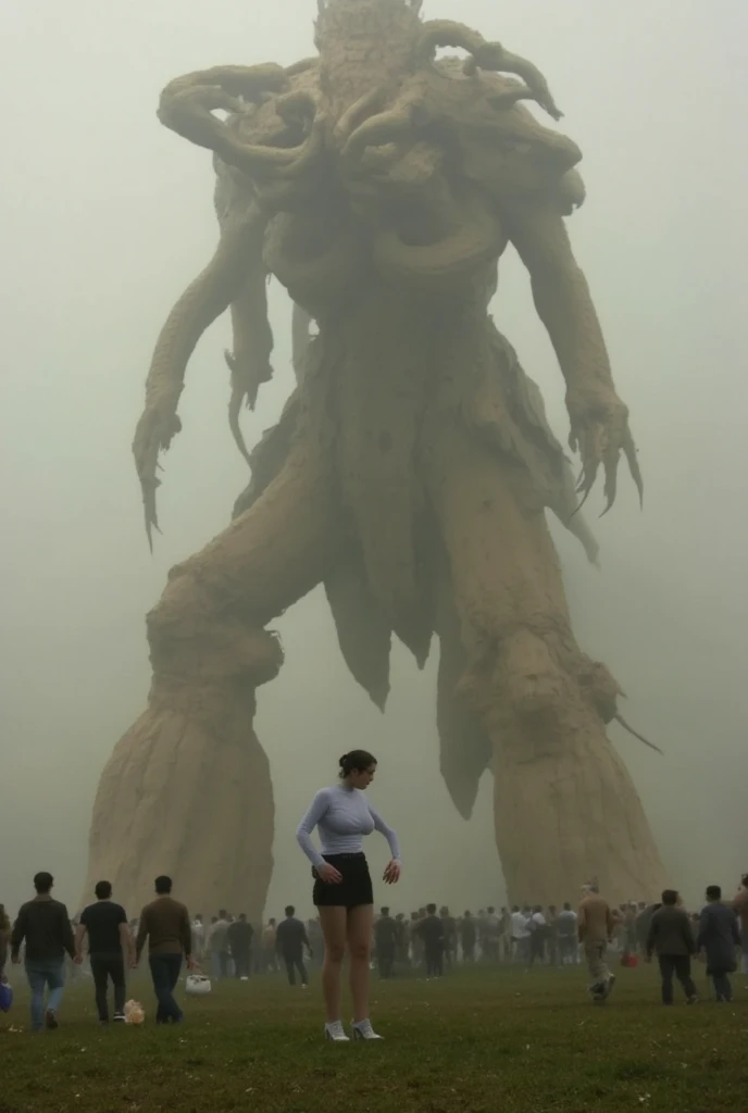 Giant woman who measures 20 meters who pushes her foot in the mouth of a man who measures lying on the ground 