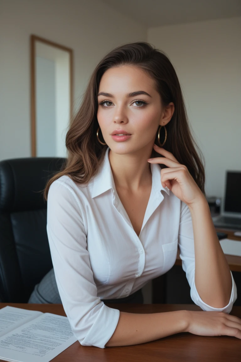 professional, (4k photo:1.1), (Dittmann Anna:0.3), (Arrian Mark:0.3), (Sharp Focus:1.3), high detail, wear fashionable clothes, beautiful detailed face, Brown eyes, asymmetric haircut, (attractive woman:1.3), body shape, Office with desk