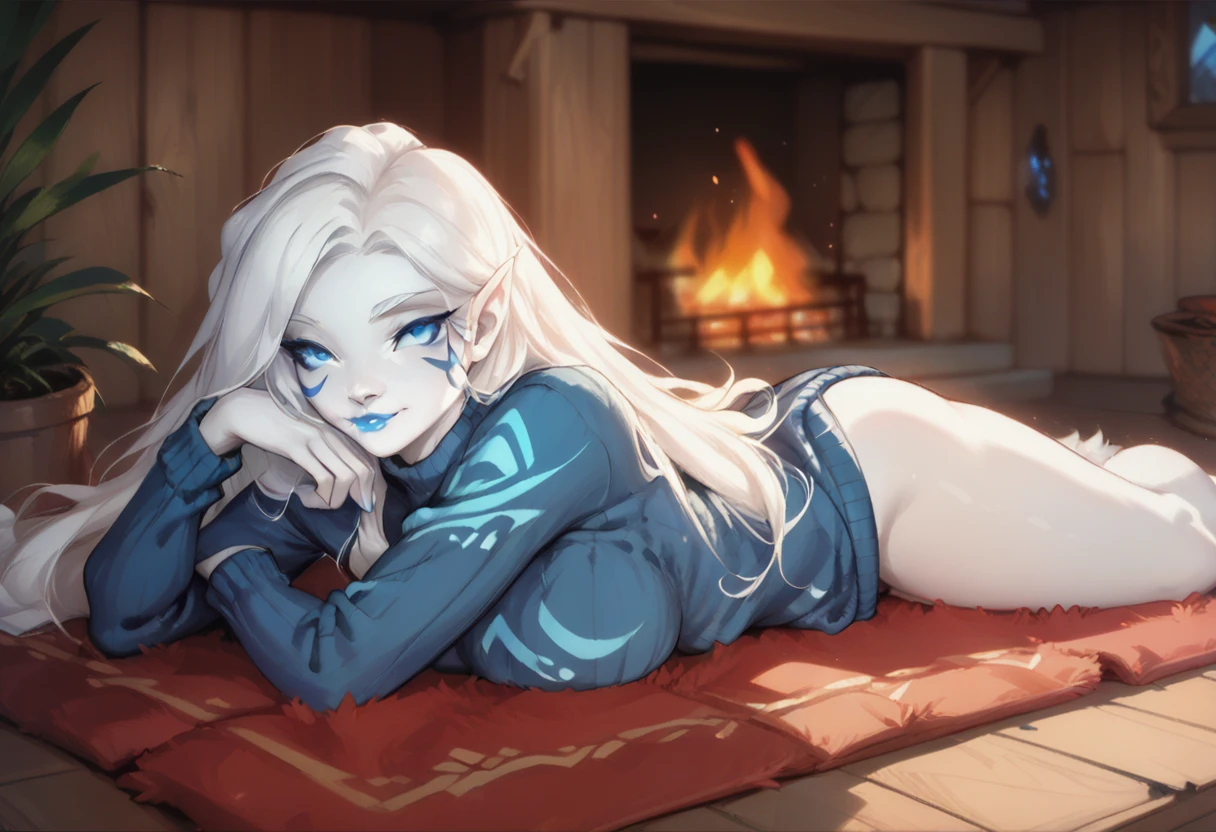 A youthfull naked girl sitting on a bench in a snowy forest. She looks like she has lived there for a long time. White hair. Braides. Blue eyes. Arousing. Wide hips.