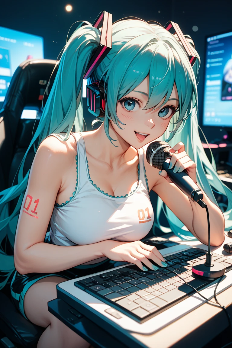 (tmasterpiece),(Most Best Illustration),(Big breasts Hatsune Miku),anime backgrounds,Game Bedroom,TV with mainframe computer,Ring lighting,edge lit,(Very detailed CG unity 8K wallpaper),(tmasterpiece),(best qualtiy),(vaporwave style),(ultra - detailed),(Most Best Illustration),(Best shadow),Perfect litthing,perfect anatomia,the night,Cool colors