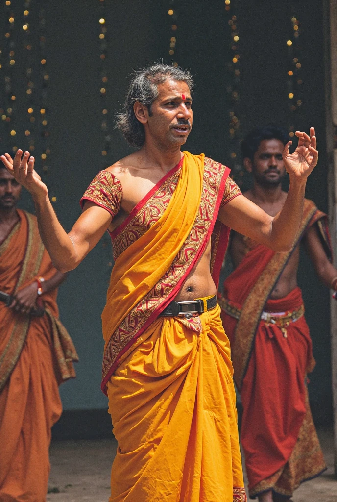 "A 65-year-old Indian father-in-law crossdressed wearing a vibrant pink ladies saree with green color female blouse adorned with intricate patterns and golden jewelry. His hands are beautifully decorated with mehendi, showcasing detailed henna designs. He stands gracefully, embodying the cultural experience at an Indian wedding function, surrounded by colorful decorations, smiling guests in traditional attire, and the lively atmosphere of the celebration.