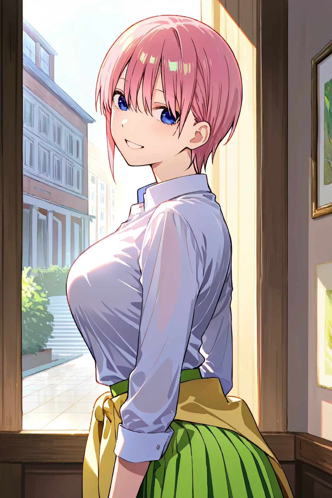 aaichika, short hair, white shirt, collared shirt, short sleeves, clothes around waist, green skirt, pleated skirt,room,masterpiece,1 girl,huge breasts,smilling,whole body