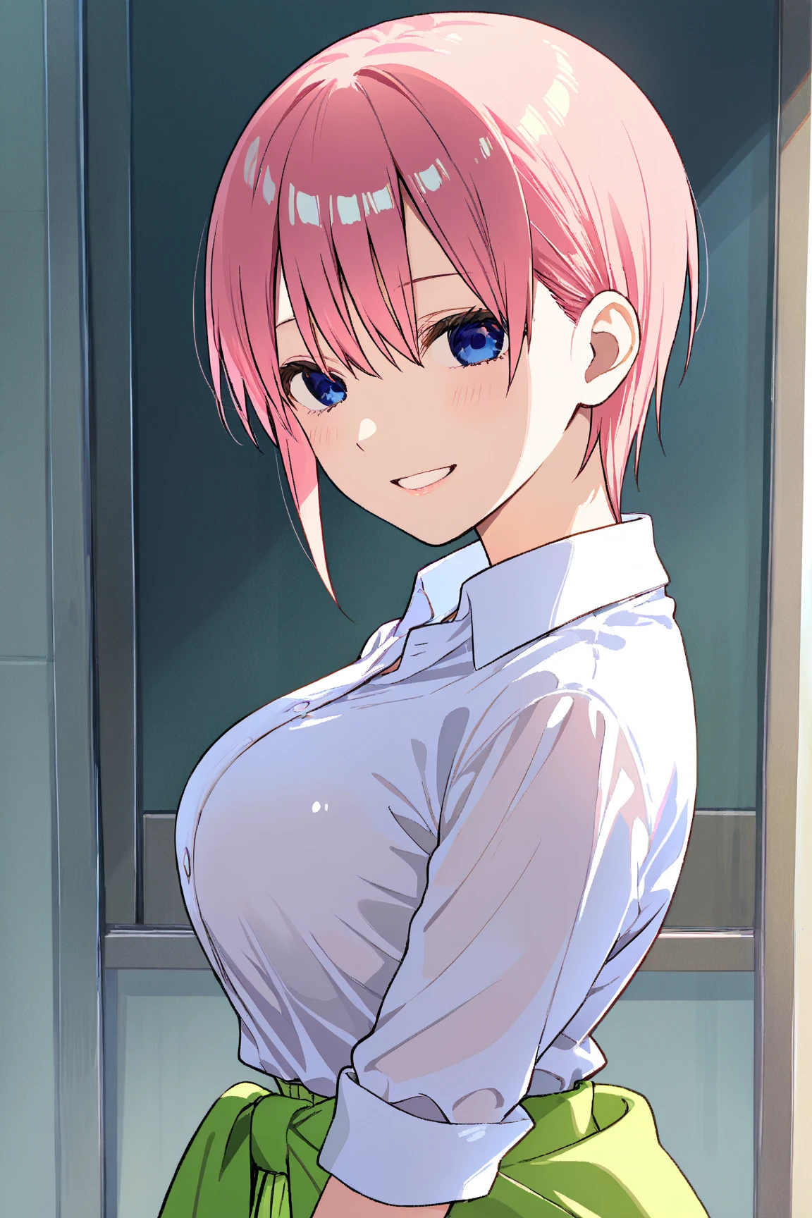 Anime background art, bottom of room, one bed, standing, beautiful anime scenes, 4K anime art wallpaper, 4k anime art wallpaper, Rosla global illumination, anime girl, 1 girl, LORA similar, best quality, detailed, alone, looking at the viewer, mouth closed, smile, short hair, definition in the eye, perfect face, perfect eyes, perfect hair, pink hair, blue eyes, costume, big tits.