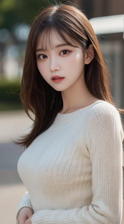 1girl, etv1,best quality,HDR,UHD,8K,realistic,upper body,facing_viewer,Middle Breasts, Slim Body,(knit sweater:1.2)