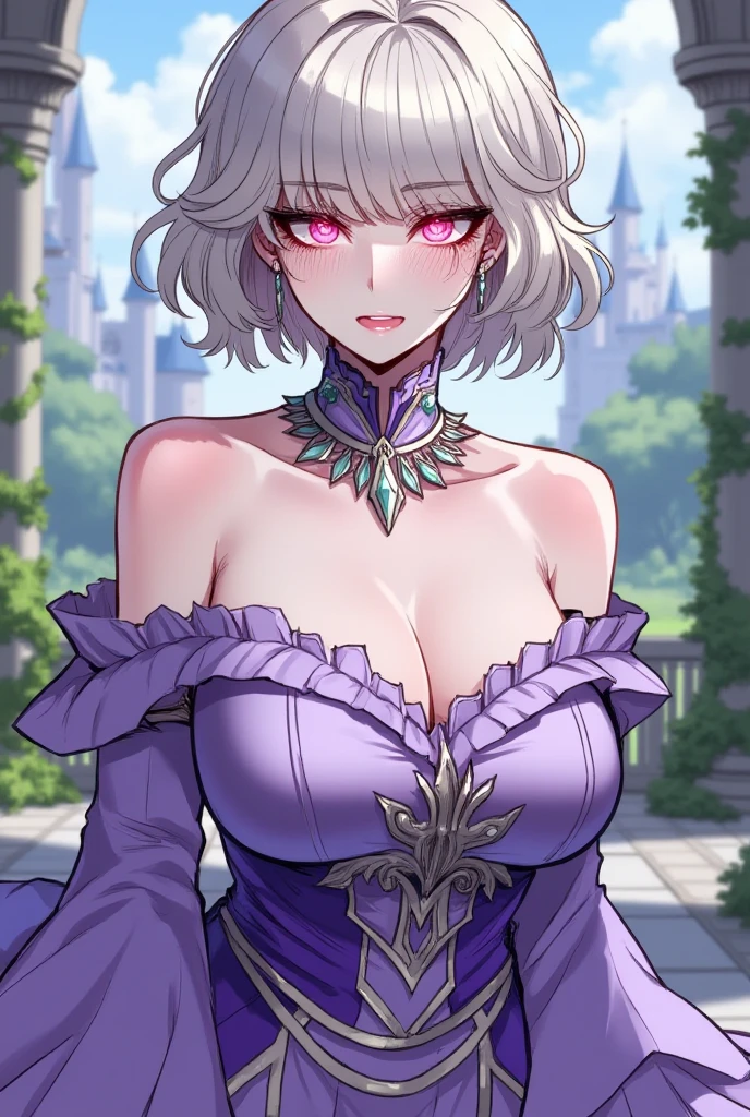 1girll, 独奏, tmasterpiece, CG, 8k, RAW photogr, pic, simple backgound, (looking at the camera in:1.2), Cowboy shooting, standing on your feet, posing on a, Hyper detailed skin, (Super detailed face:1.2), (Pink iris:1.3), eyeslashes, black eyeliner, black eyeshadows, tiara crown, braidedhair, Tattoo on the forehead, short detailed hair, Pink hair, pony tails, beaturiful body, detailed outfits, long skirt, High slit, Separate the sleeves,big cleavage breasts, white stockings, kneeboots,tmasterpiece, High- sharpness, high high quality, Detailed face, detailed body render, exhibitionism,No bras, breasts out,, standing on your feet, Be red in the face, (In the bedroom),Full body photo,Orgasmic face,Eyes rolled up,Mouth open,The tongue is pulled out