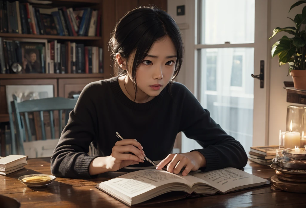 A person studying in gloomy halloween room with glasses