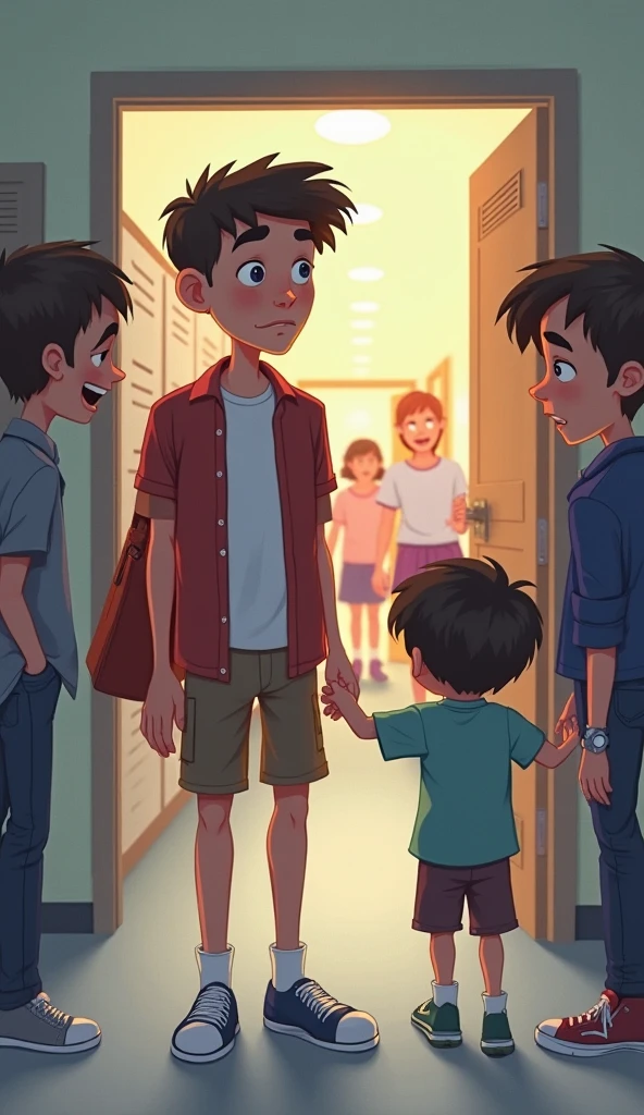 Father scolding his son and around children watching (animated)