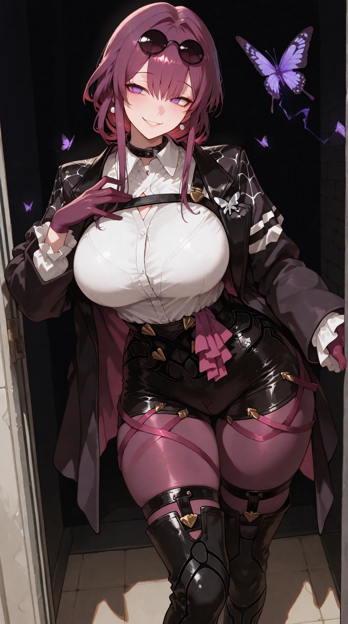 masterpiece, Highest quality, High resolution, Very detailed顔, Fits your body type, living room,
Tire FK,One Girl, Purple Hair, Long Hair, bangs, Large Breasts,Purple eyes, Wear glasses on your head, Collared shirt,White shirt,Long sleeve, Black Skirt, gloves,Brown pantyhose, Thigh straps,Are standing, from the front、Exposed nipples、Large areola、nsfw erect nipples、Exposed chest skin、Very detailed、Big Tits、Pink nipples