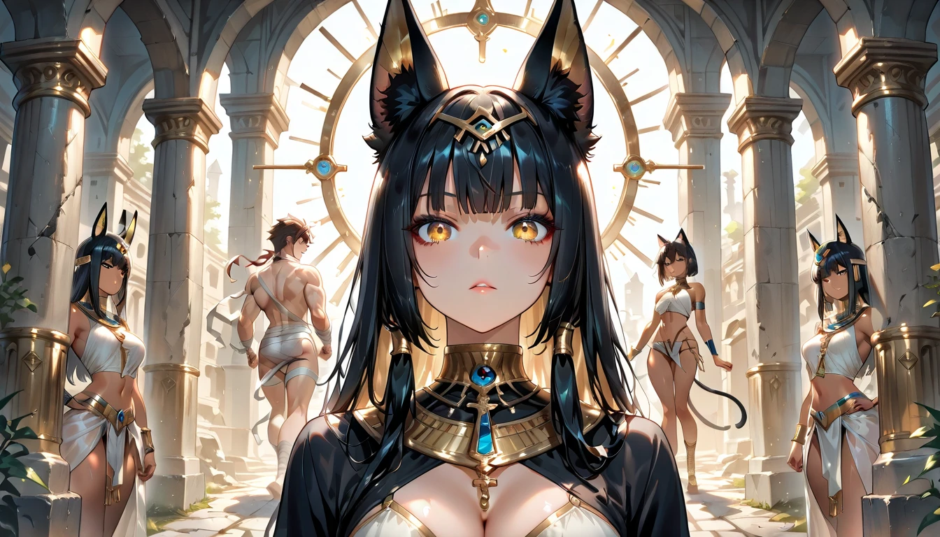 (masterpiece, Highest quality, High resolution:1.2), Very detailed, Realistic anthropomorphic animals, Pharaoh, Egypt, ???????????, Egyptian goodness, Pharaohの女性, Cat girl, Cat sphinx, Onyx Skin, Monster Girl, Furry, Detailed body, Fine hand, Correct finger, Egyptian-themed bedroom, Luxurious silk, Gold Gemstones, Seductive red eyes, Mysterious Aura, Sharp Claws, Long nails, Vibrant colors