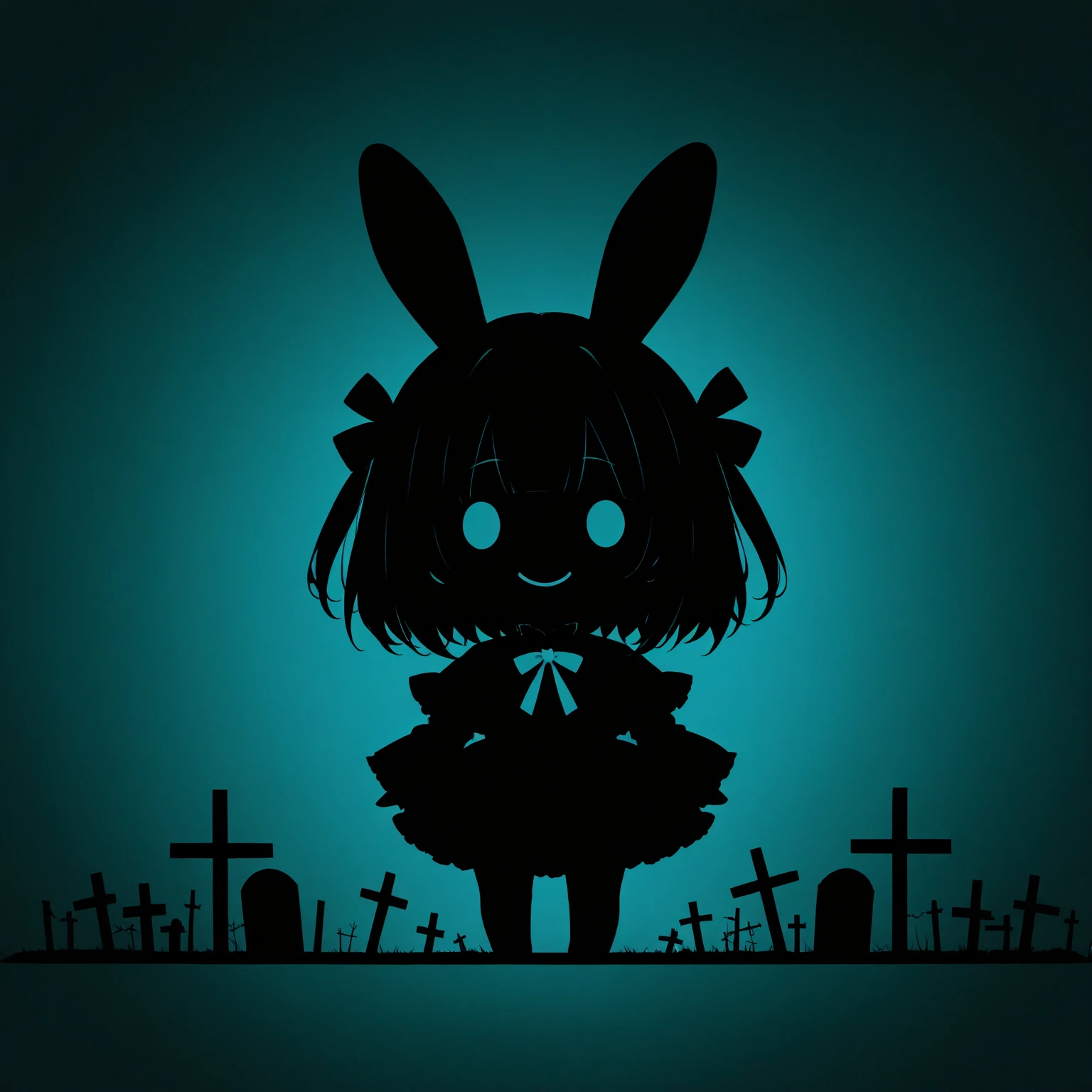 Flat Design, Silhouette Art,anime style, 1chibi character\(hzk,please cute smile,and rabbit ear,trk,[monochrome,dark gothic illustration:Pastel gradation color,dreamy illustration:0.3],\),solo,gentle glow, gradient background,gray and soft blue and soft pink,derelict graveyard, focus on silhouette symmetry,best quality, minimalism, simple background, 