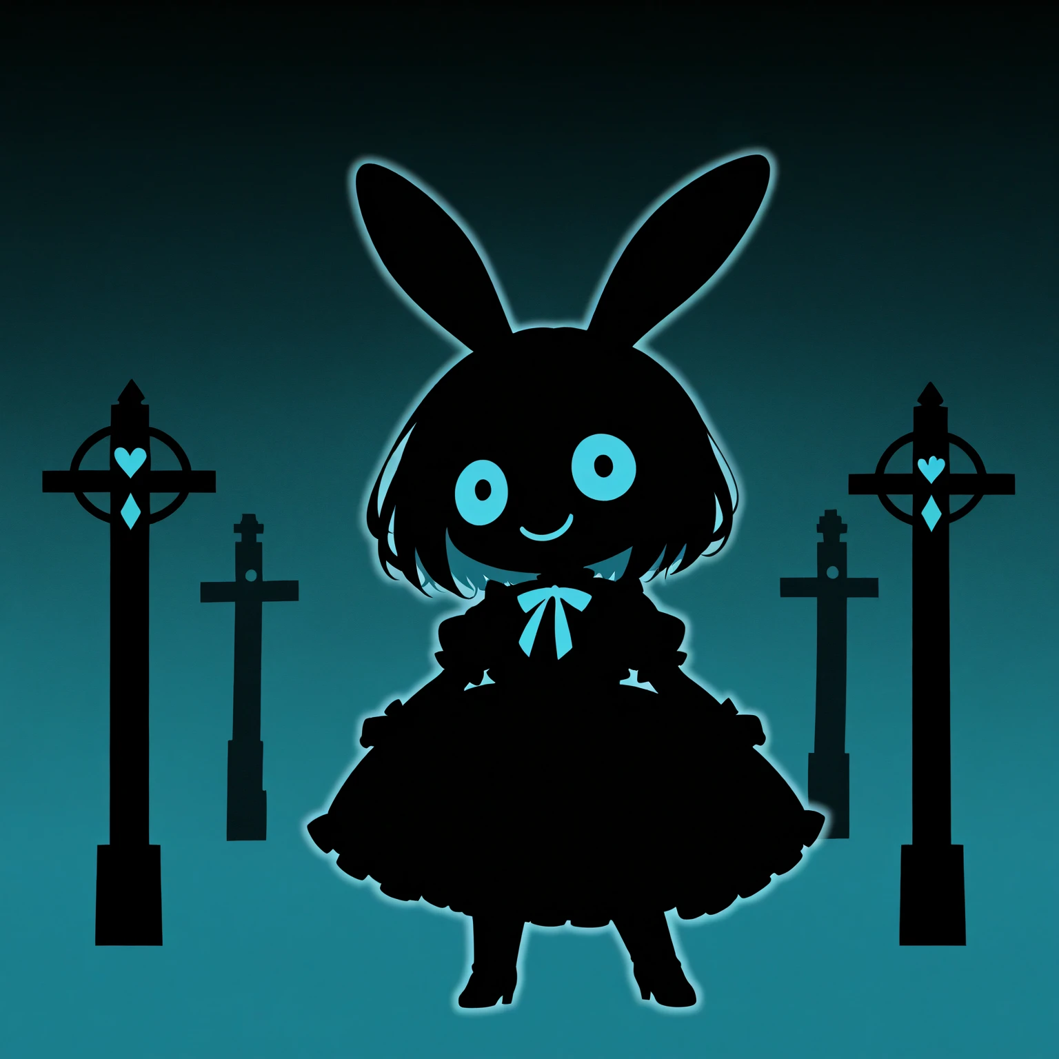 Flat Design, Silhouette Art,anime style, 1chibi character\(hzk,please cute smile,and rabbit ear,trk,[monochrome,dark gothic illustration:Pastel gradation color,dreamy illustration:0.3],\),solo,gentle glow, gradient background,gray and soft blue and soft pink,derelict graveyard, focus on silhouette symmetry,best quality, minimalism, simple background, 