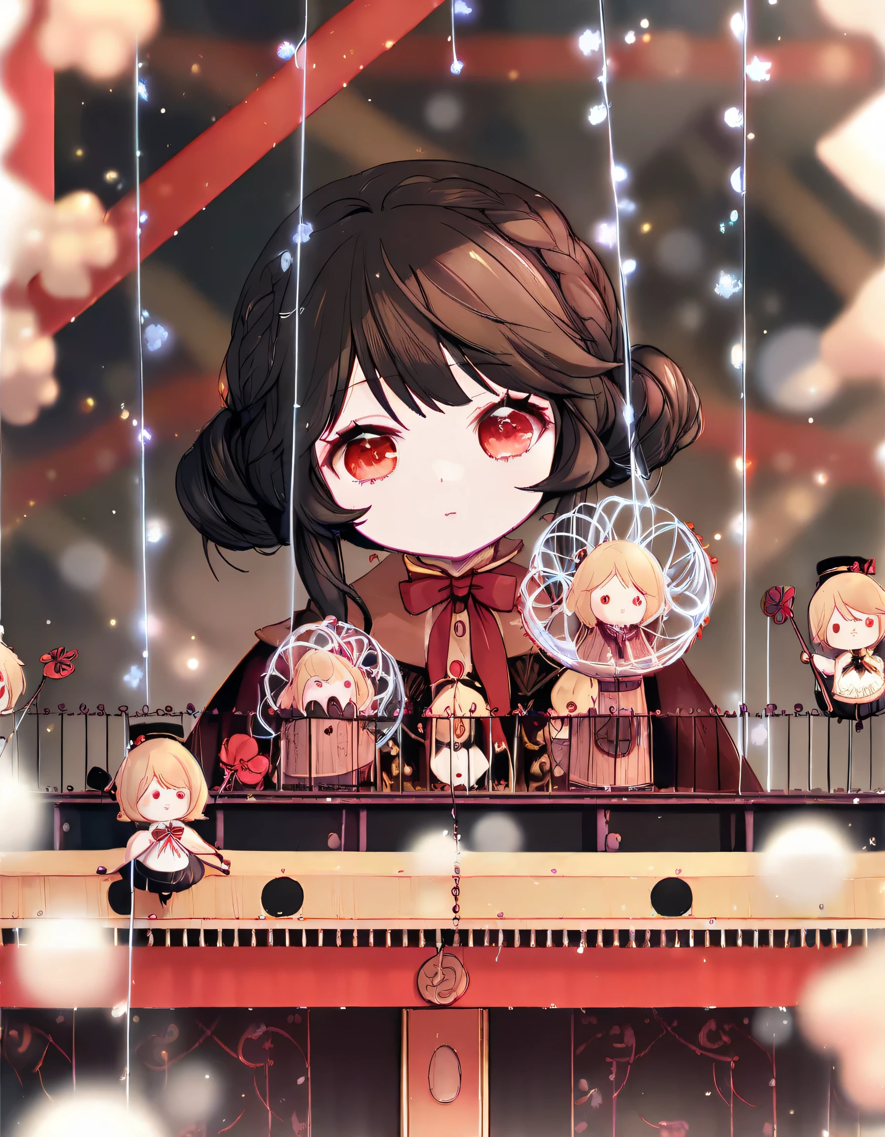 Detailed illustration of a wooden marionette doll with intricate carvings and delicate strings, in a vintage puppet theater setting, soft lighting, handcrafted charm, evoking nostalgia, masterpiece, Sharp focus, 8k, depth of field, detailed face and eyes, perfect,