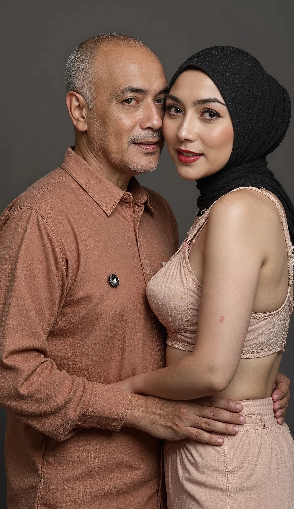 A beautiful Indonesia hijab girl, has big big ass sexy body wearing a hijab climax face wearing no clothes except huge big bras, sari, and stockings raped by ugly indian fat black grand father, barechest indian grand father kiss girl cheeks, the girl face looking at the viewer, horny face, seductive face, water beads on skin, open her mouth slightly, naked